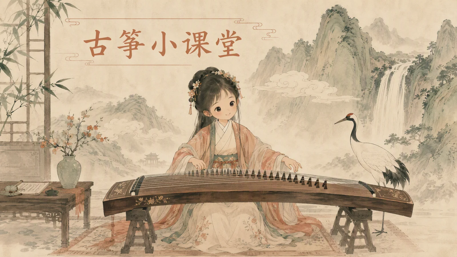 温馨东方水墨风插画：一位妈妈和小女孩在木窗下共弹二十一弦古筝，庭院有竹影荷花，画面温暖