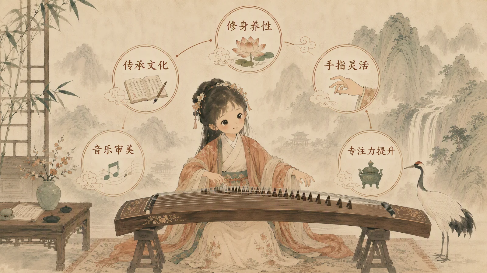 孩子学古筝五大益处图谱:专注力、手指灵活性、音乐审美、文化修养、自信心