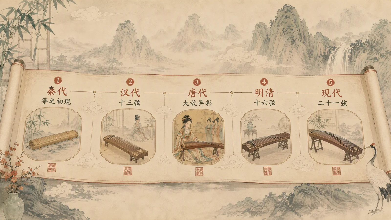 古筝发展历史时间线:秦代五弦筑、汉代十三弦、唐代十三弦筝、明清十六弦、现代二十一弦