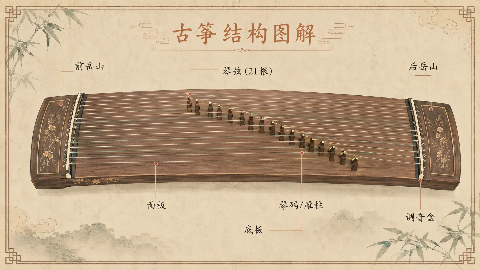 古筝构造剖析图:琴弦、前岳山、后岳山、面板、琴码、琴盒、调音钉等部位中文标注
