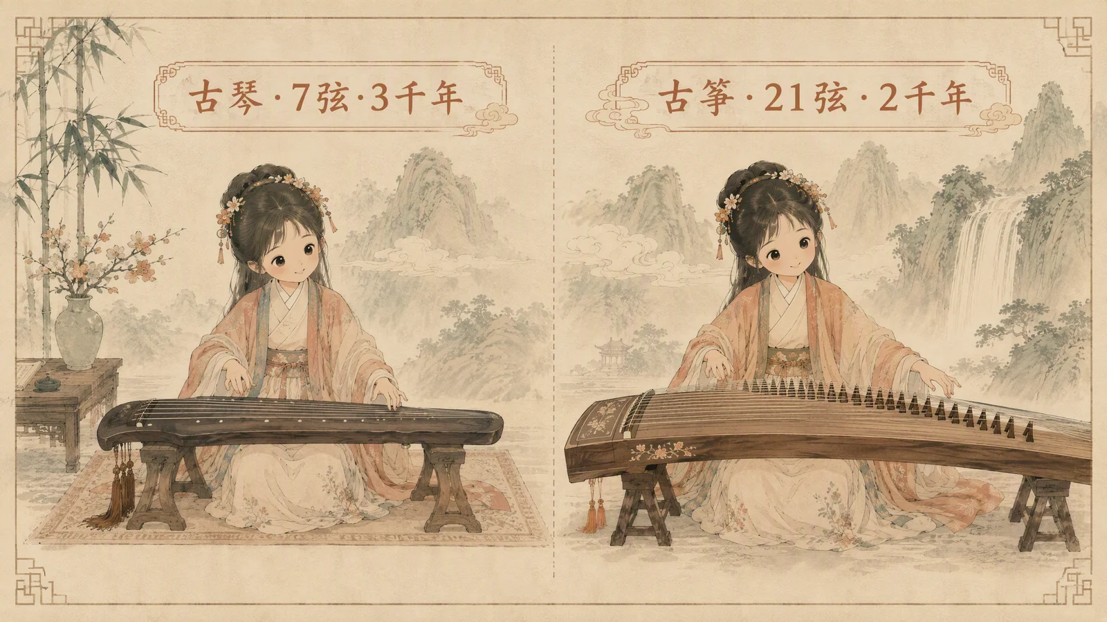 古筝与古琴对比图:古筝21弦有琴码体积大声音明亮,古琴7弦无琴码体积小声音深沉