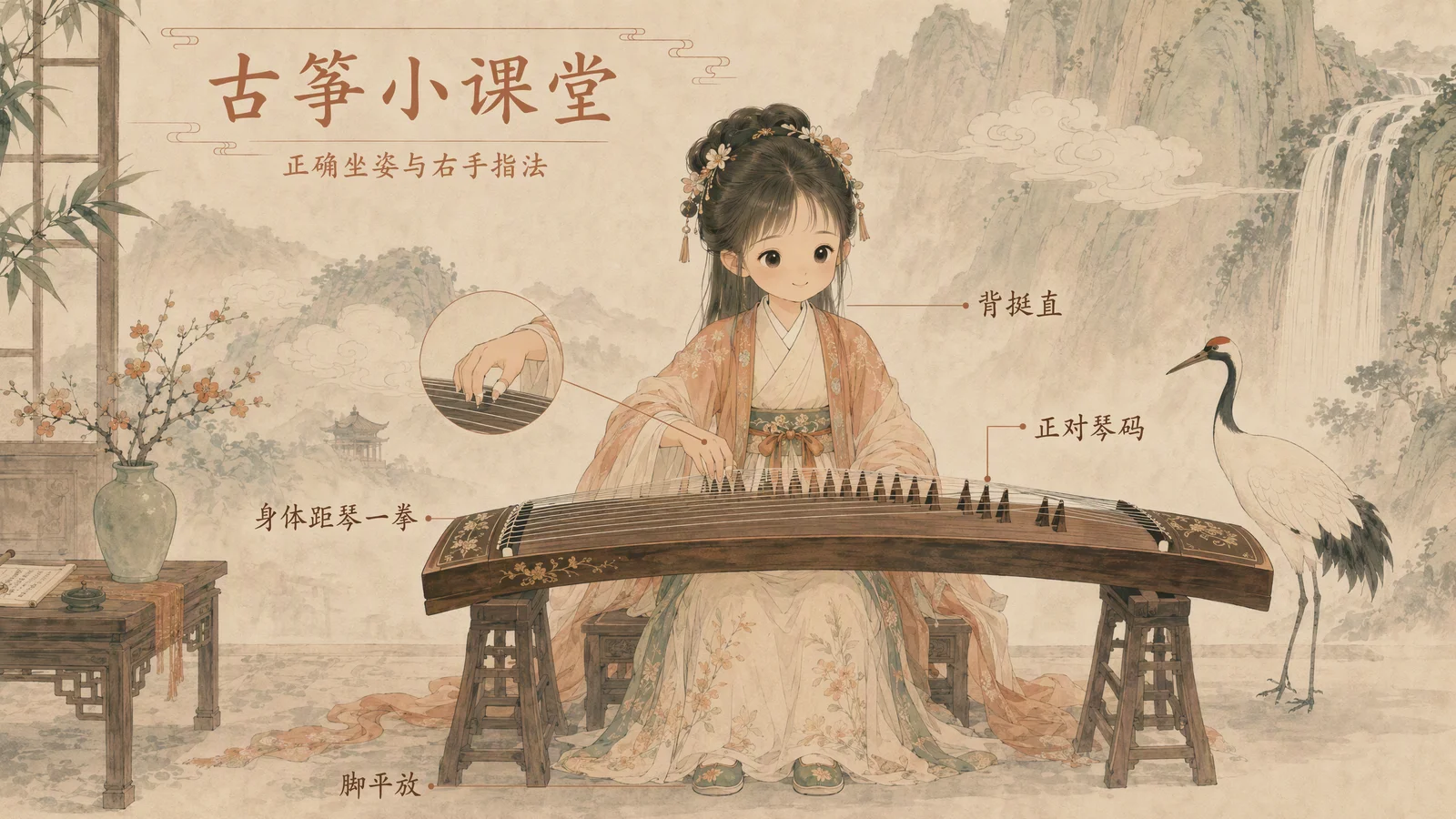 儿童正确坐姿与手型图:端坐琴前,身体距琴一拳,双手半握如握球,正面与侧面双视角中文标注