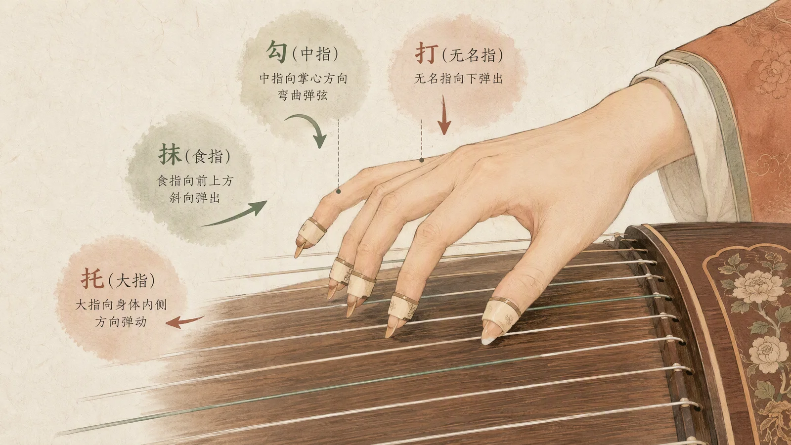 右手四指法图解:托、抹、勾、打,大拇指、食指、中指、无名指拨弦方向箭头与手型分解