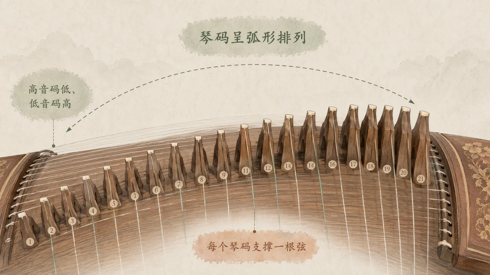 琴码排列示意图:21个琴码呈弧形排列,码距与调音关系,中文标注