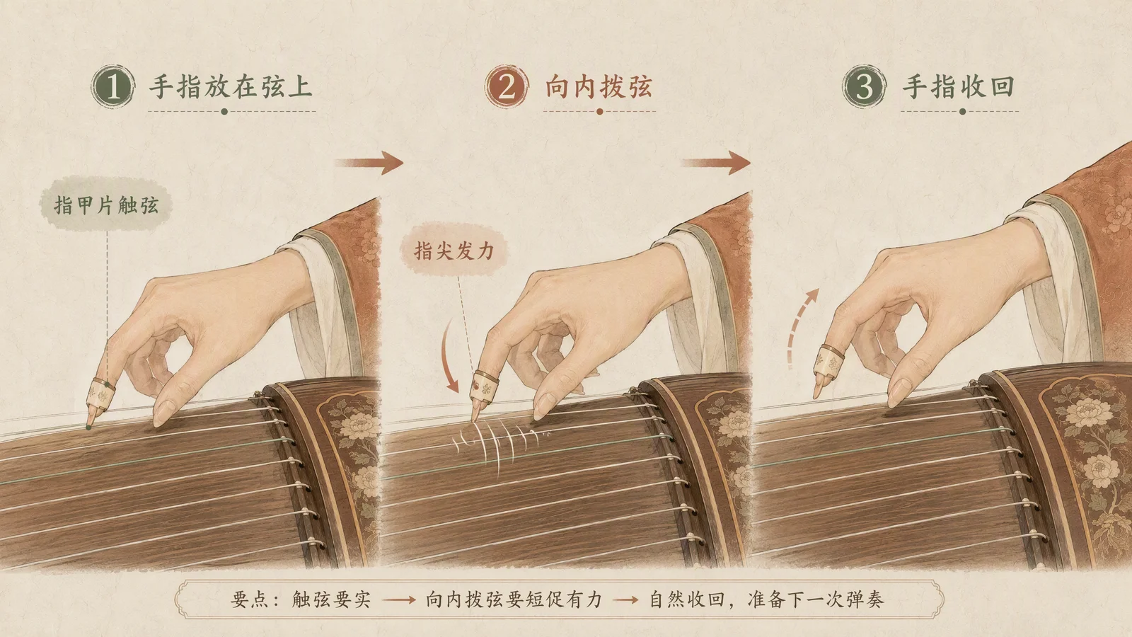 拨弦动作三步分解图:预备、触弦、拨弦放松,侧面视角带动作轨迹箭头