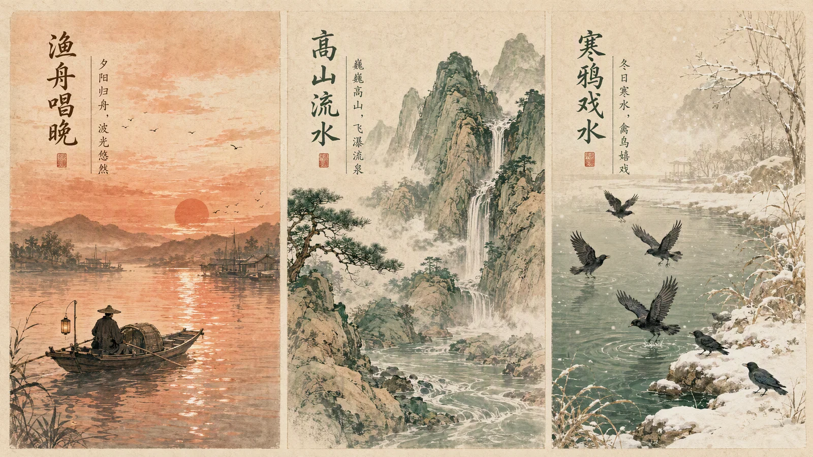 古筝经典名曲图谱:渔舟唱晚、高山流水、寒鸦戏水三首名曲的意境画面与难度标注