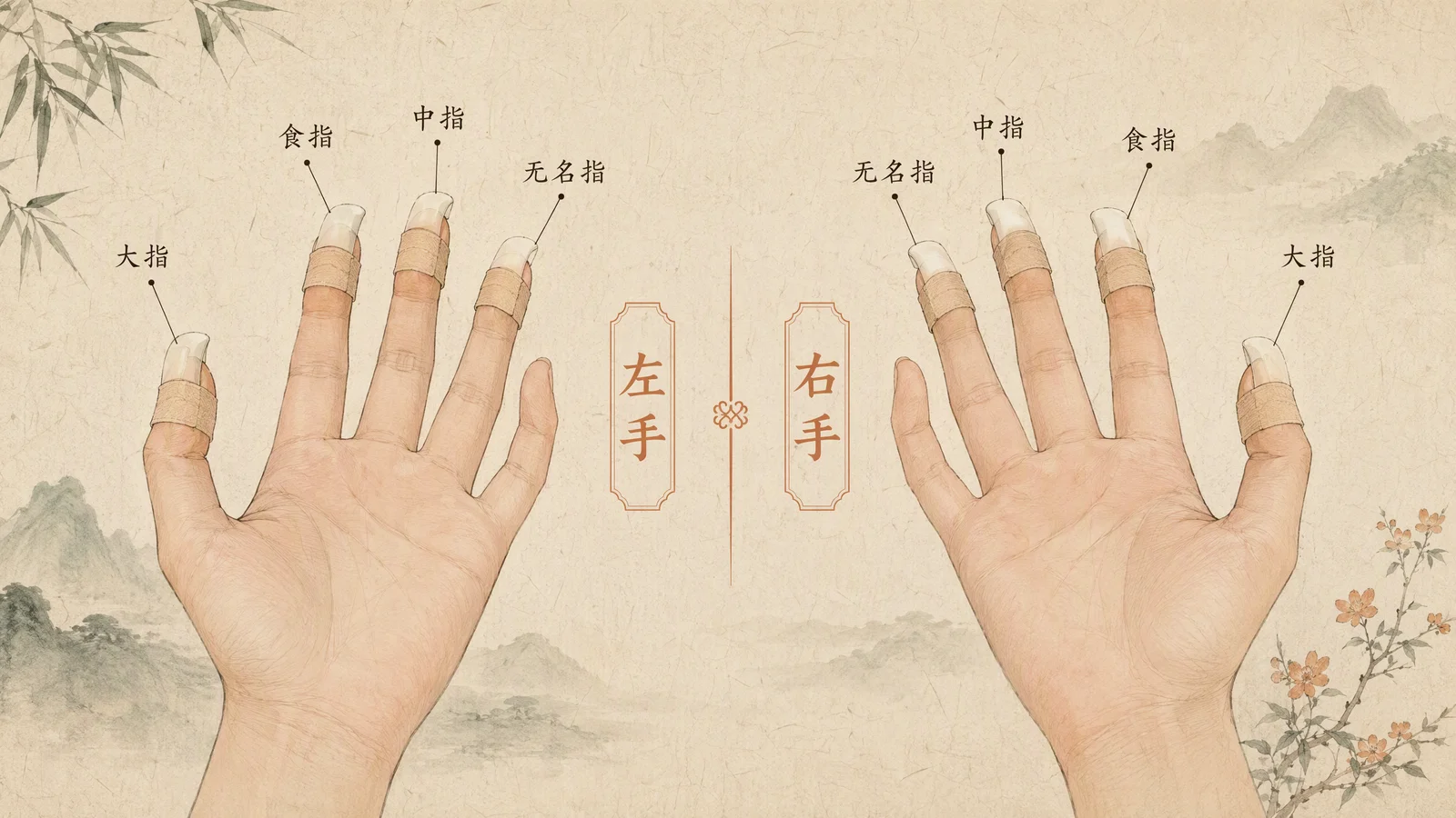义甲佩戴教学图:双手义甲形状、胶布缠绕位置、露出指甲尖长度,正误对比