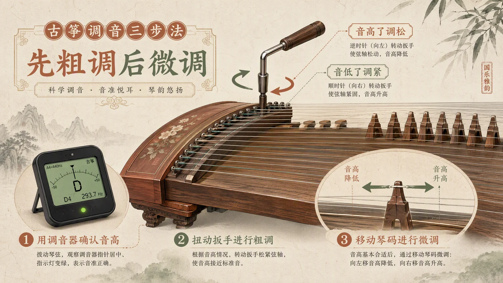 调音教学图:调音器夹在琴上,屏幕显示音名与指针,21弦对应音高顺序