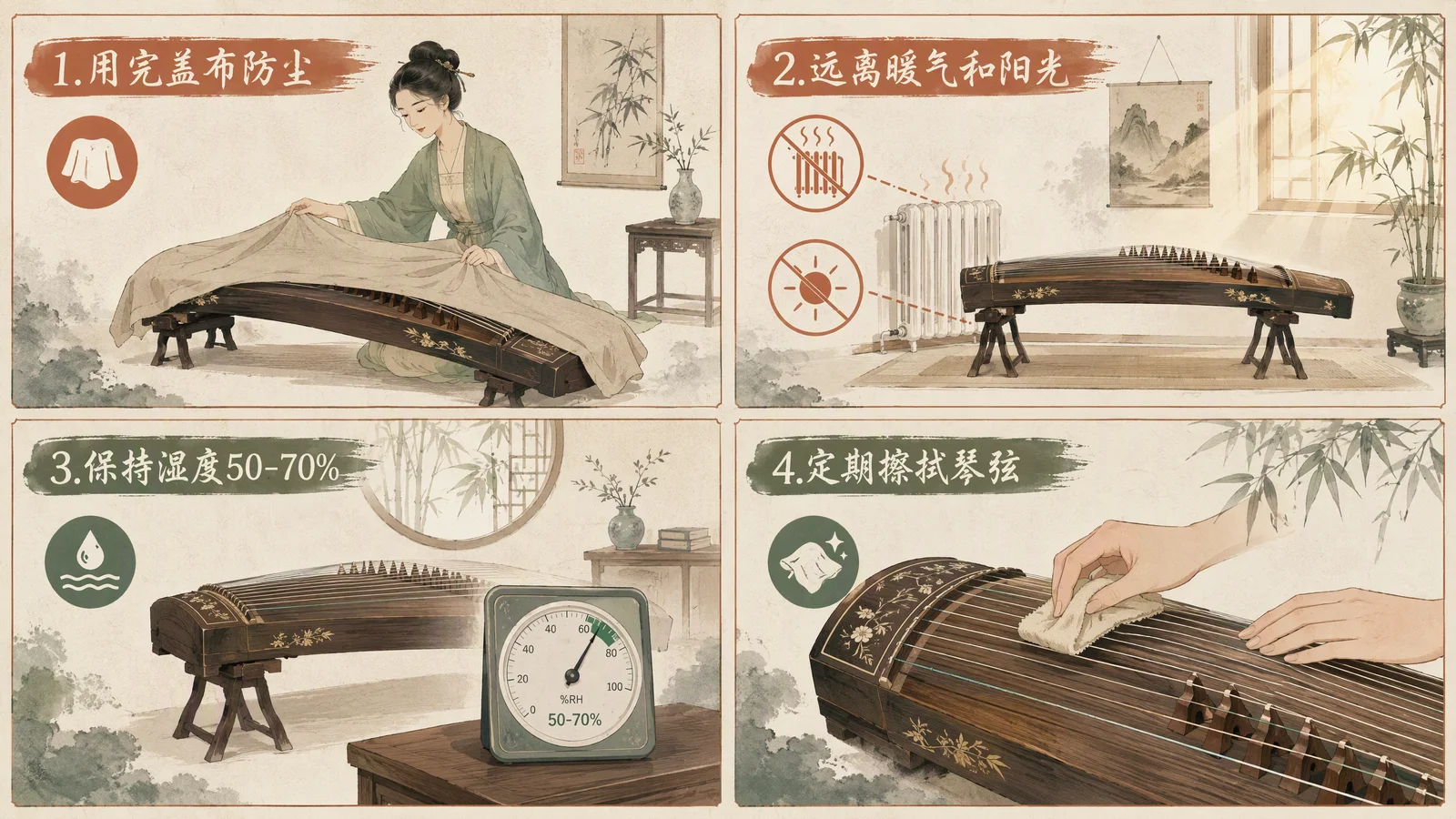 古筝保养四要点图:防晒防潮、防尘套、温湿度、换弦周期,家居摆放场景