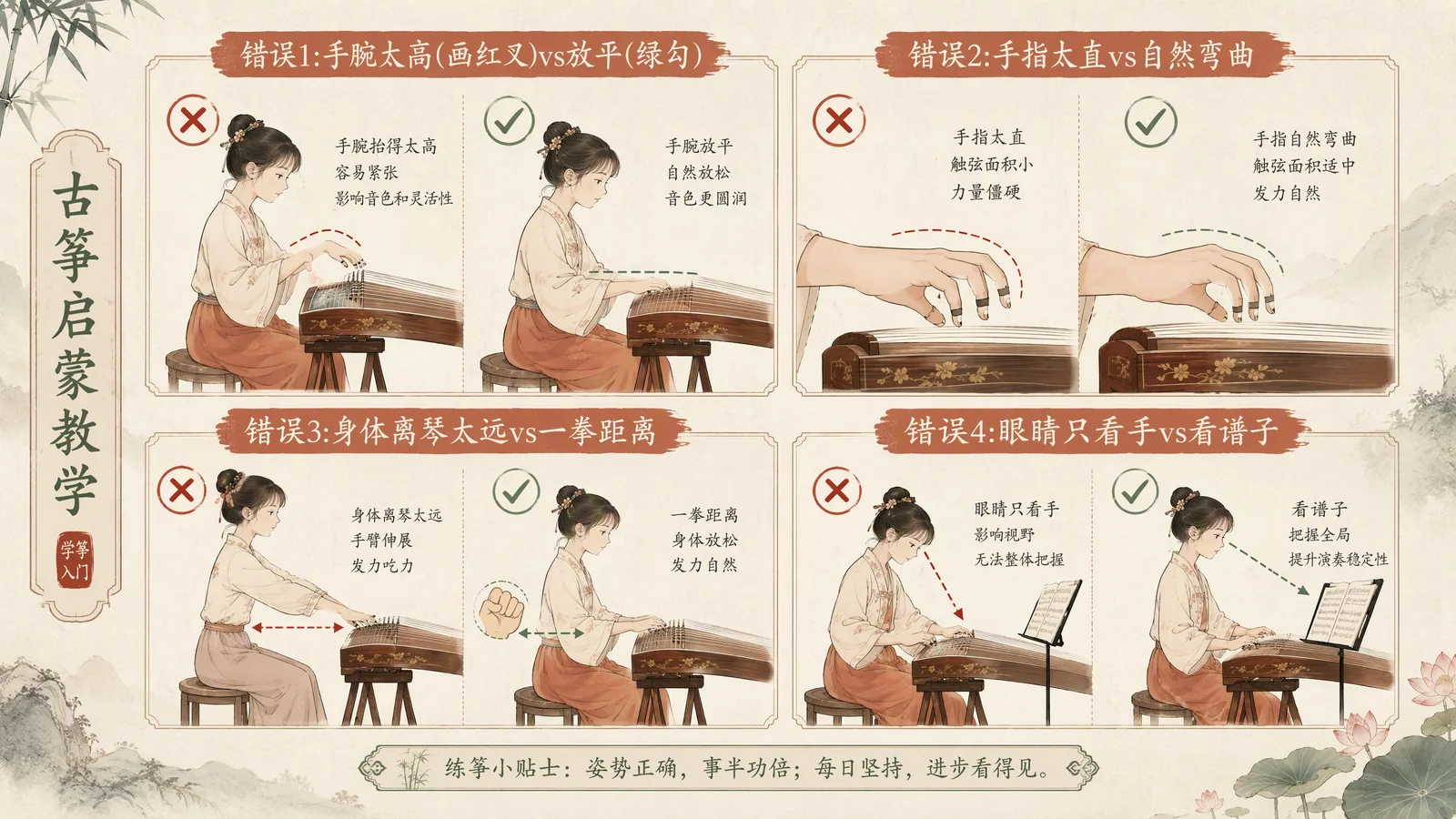四个常见错误姿势正误对比图:手腕高耸、手指伸直、入弦太深、低头驼背,正确与错误并排