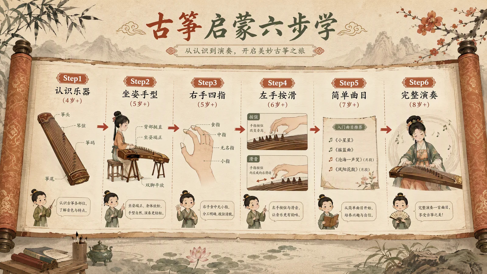 古筝学习六步路线图:启蒙认弦、勾托入门、小曲连弹、左手韵味、双手配合、名曲舞台六级台阶