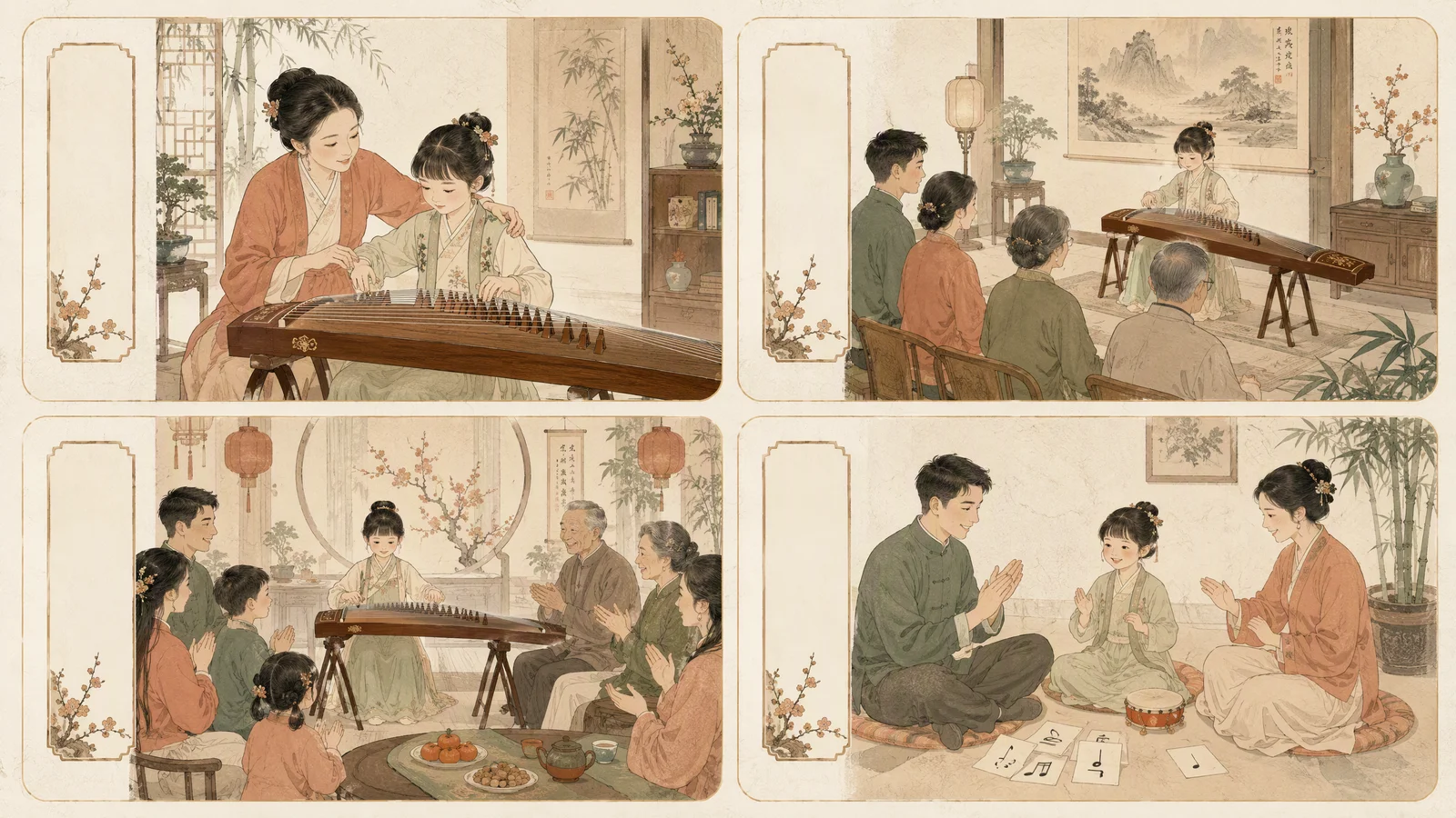 亲子陪练场景图:妈妈当学生孩子当老师、家庭音乐会、录音回听等温馨场景拼贴