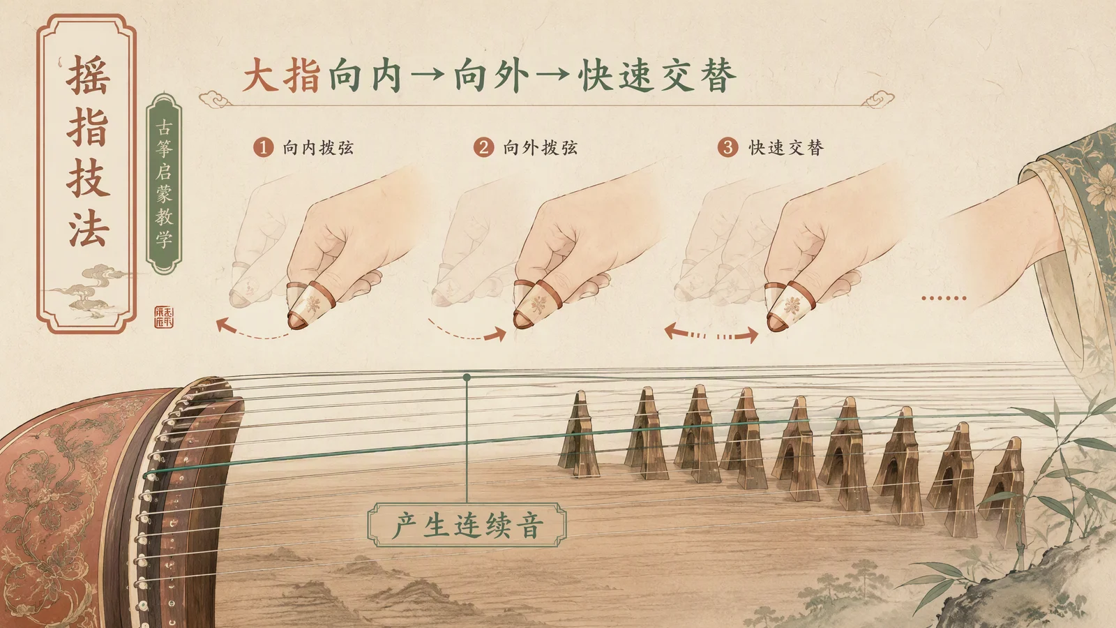 摇指技法分解图:大指托劈快速交替,手腕摆动轨迹,连续长音示意