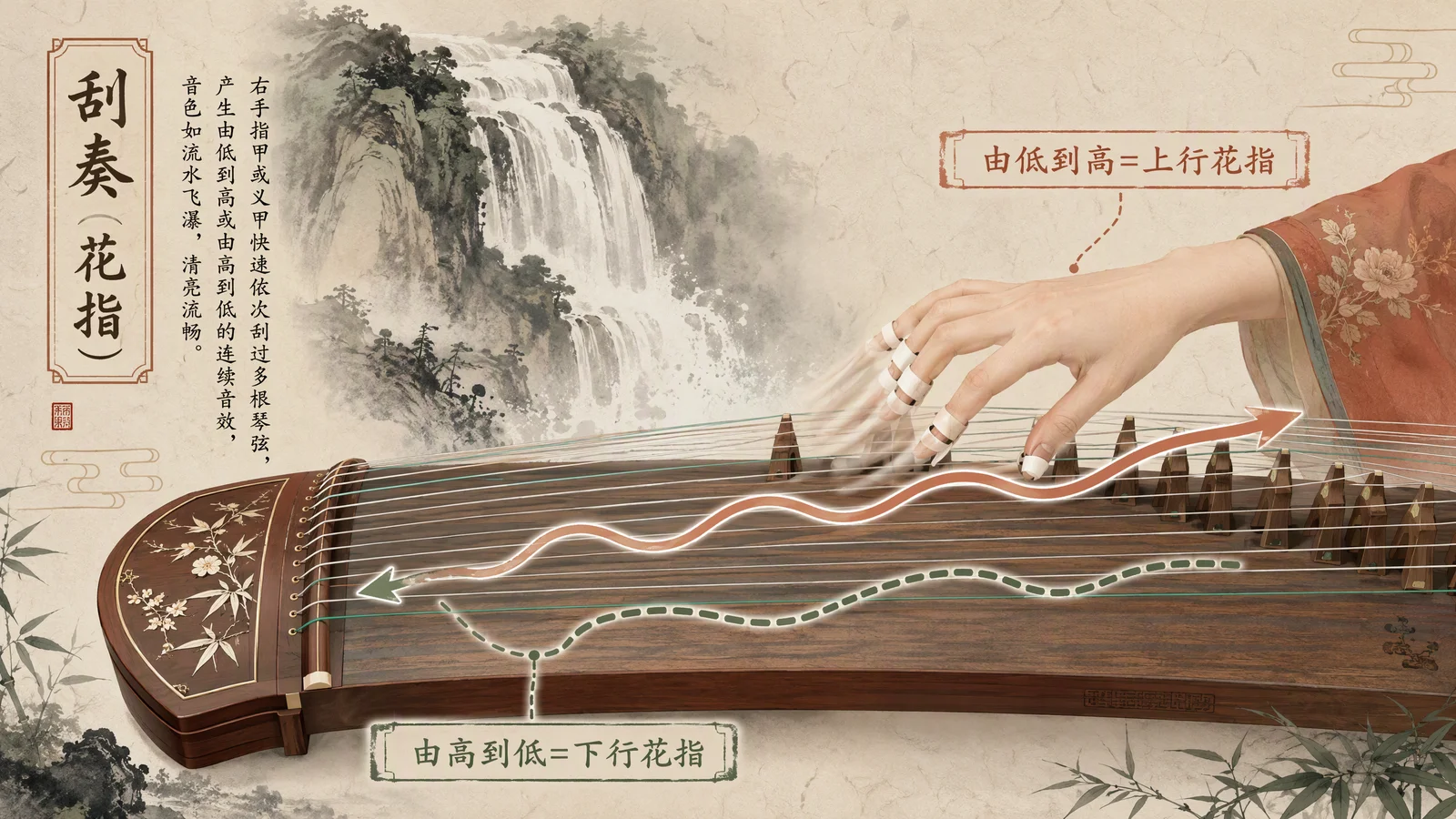 刮奏与花指技法图:右手从低音到高音连贯划过琴弦的手势轨迹与水花意象