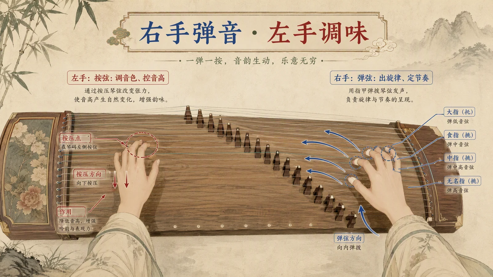 双手配合示意图:右手弹旋律左手伴奏,左右手分工与琴面位置俯视图