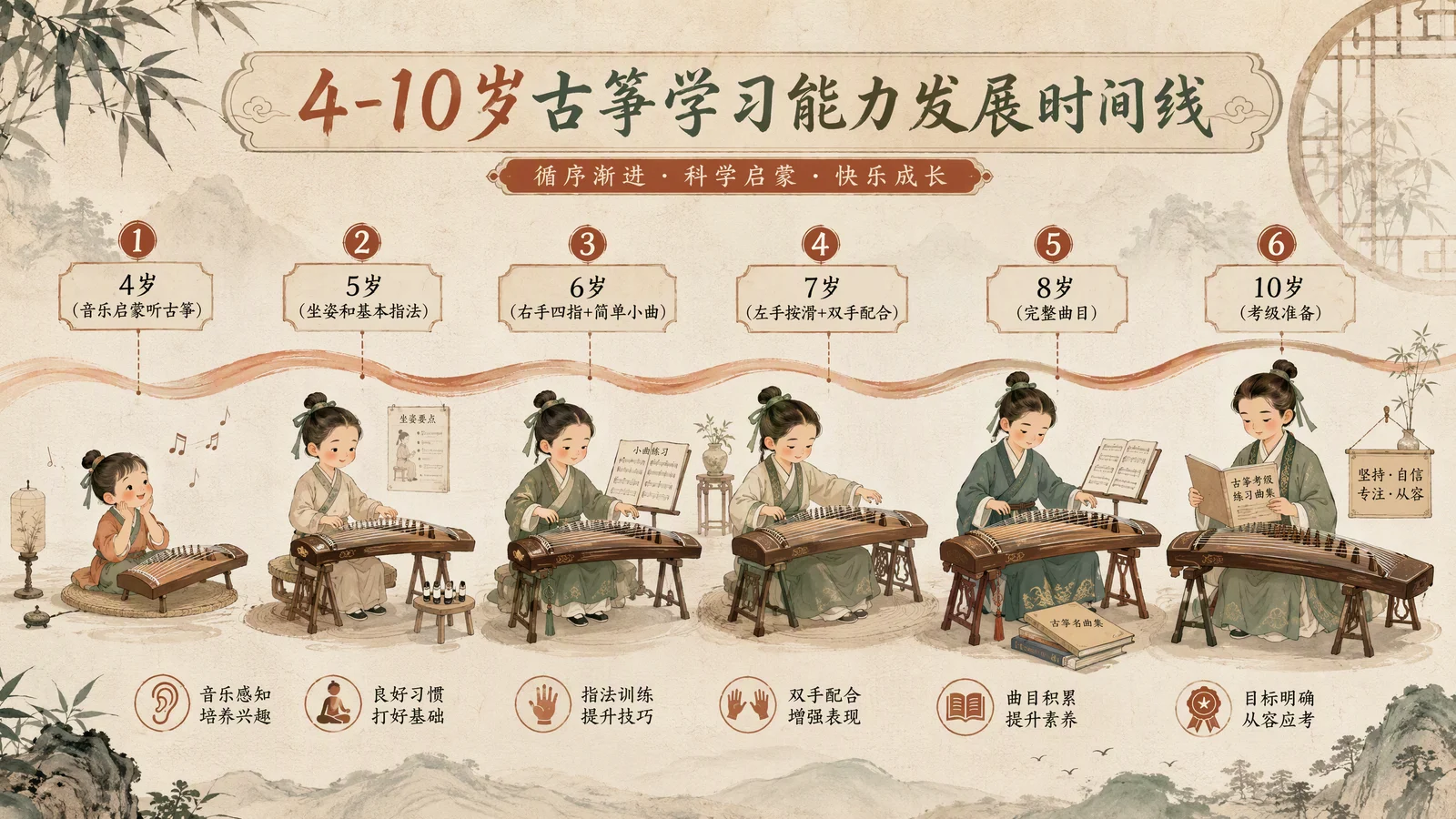 4到10岁学筝发展时间轴:各年龄段手部发育、注意力时长与学习重点对照